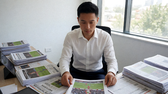 体育新闻编辑部内记者正在整理赛事资料与转会信息